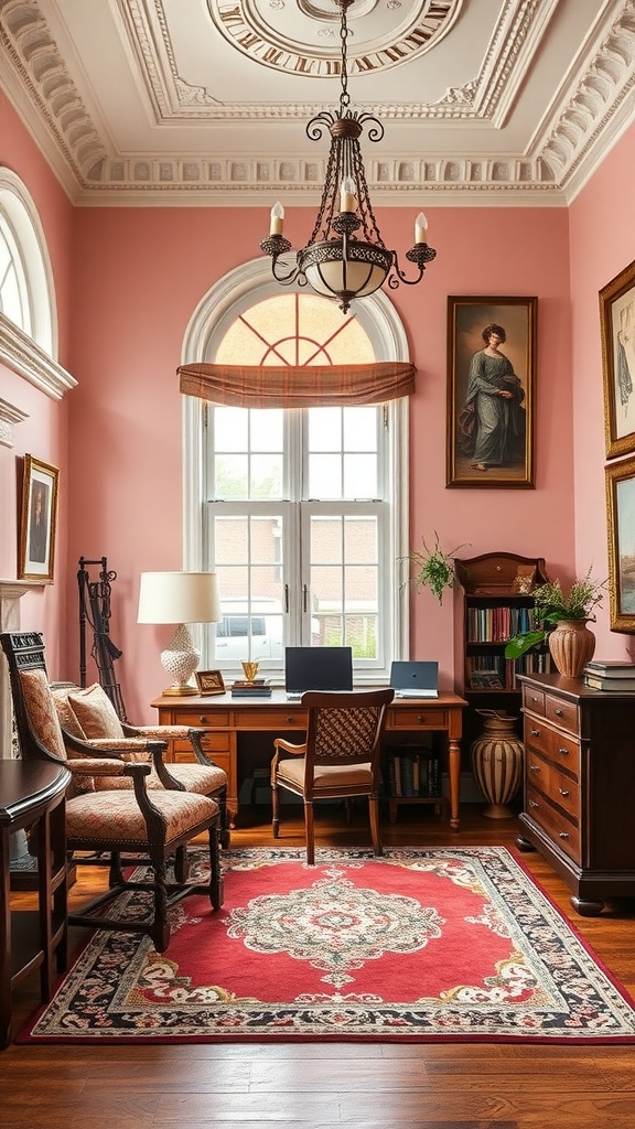 A beautifully designed home office with pink walls, elegant furniture, and classical architecture elements.