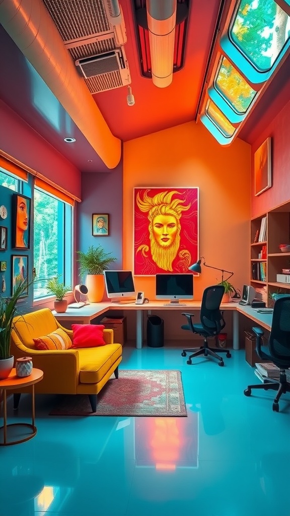 A vibrant home office featuring eclectic fusion design with bright colors and modern furniture.