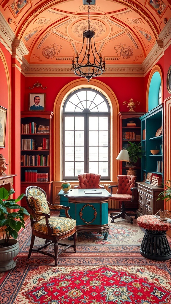 A vibrant home office with red walls, a turquoise desk, and eclectic furnishings.