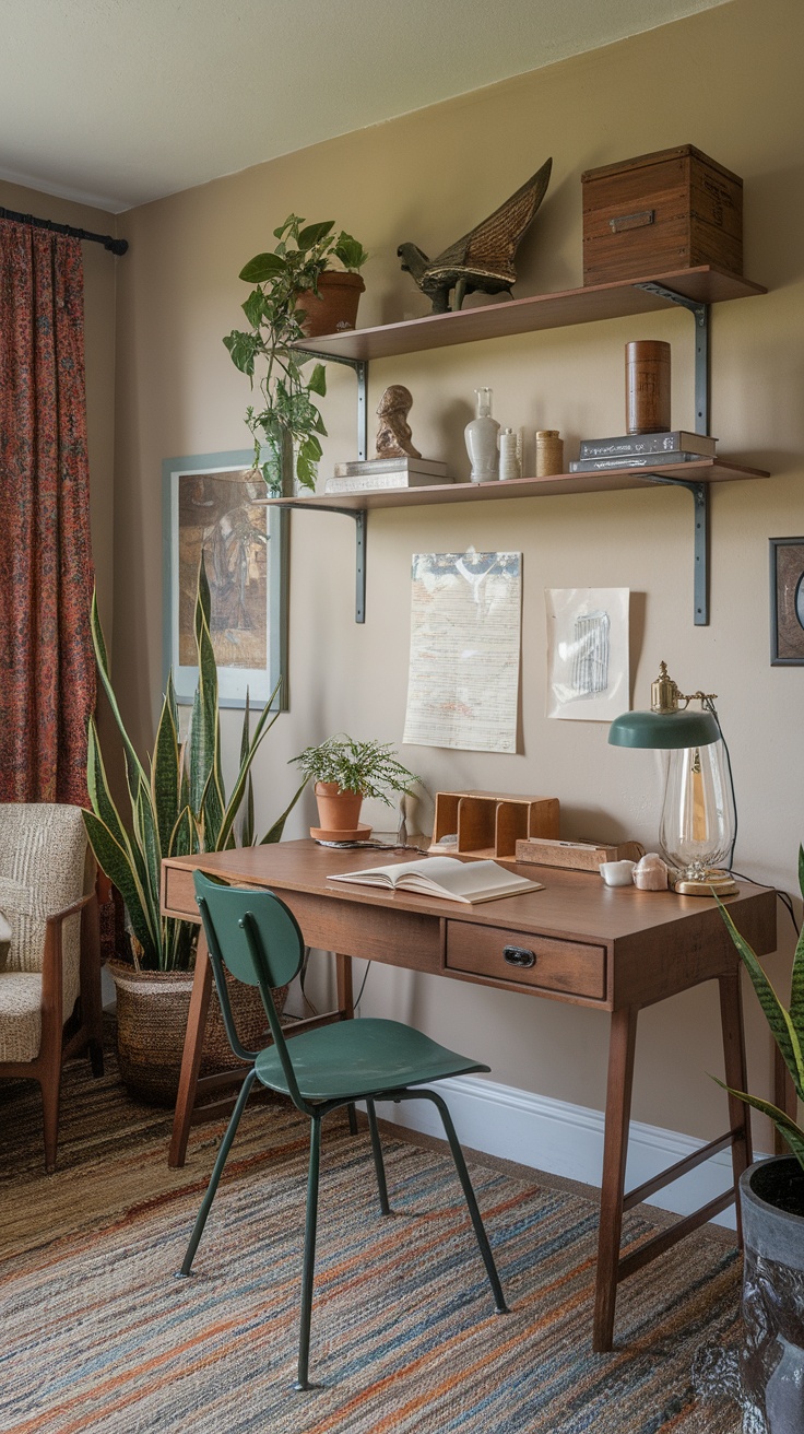 A cozy home office featuring eclectic vintage decor with bookshelves, a desk, and a patterned rug.