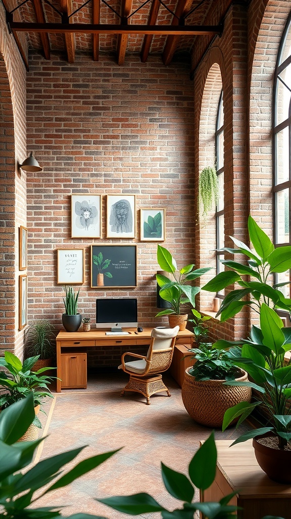 A cozy home office with a brick wall, wooden furniture, and plants.