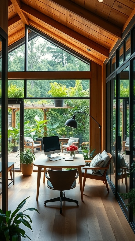 A bright home office with large windows, wooden beams, and plants, showcasing eco-friendly design.
