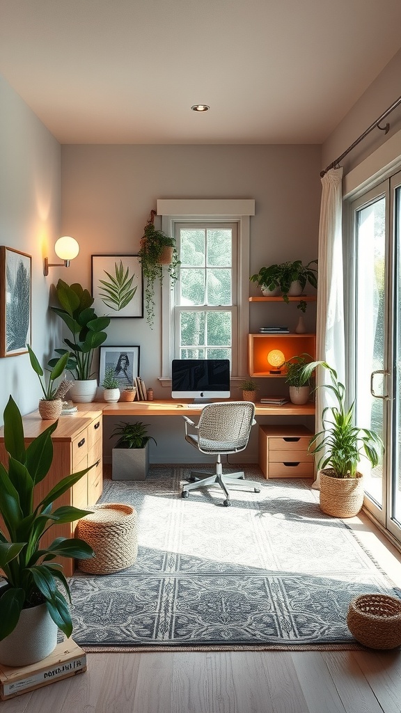 A serene home office with wooden elements, large windows, and plants, reflecting eco-friendly design.