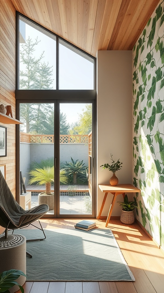 A cozy home office corner with a green leaf-patterned wall, wooden ceiling, and natural light.