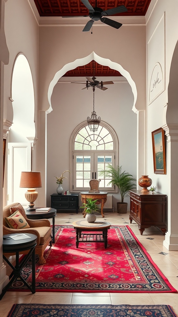 A beautifully designed home office featuring elegant arched doorways, traditional decor, and a warm color palette.