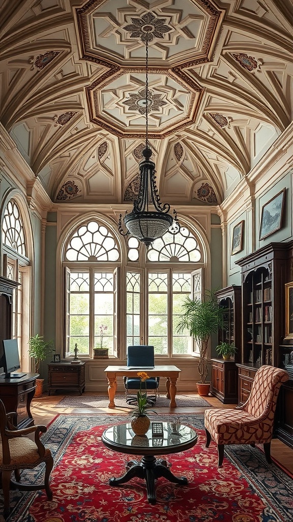 A beautifully designed home office featuring an intricate art nouveau ceiling with a chandelier and large windows.