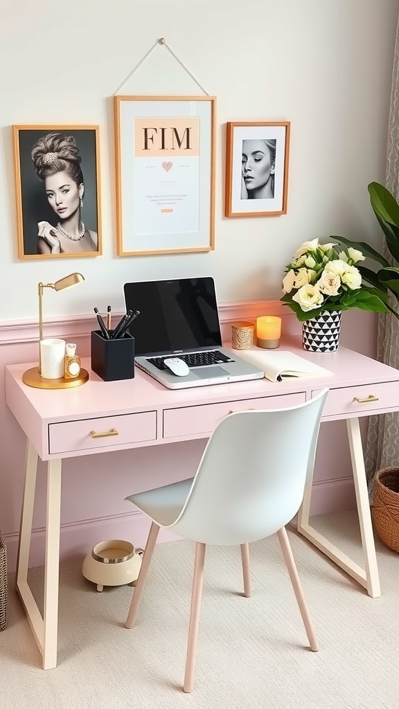 A feminine office space featuring a white desk with flowers, a laptop, and stylish decor.