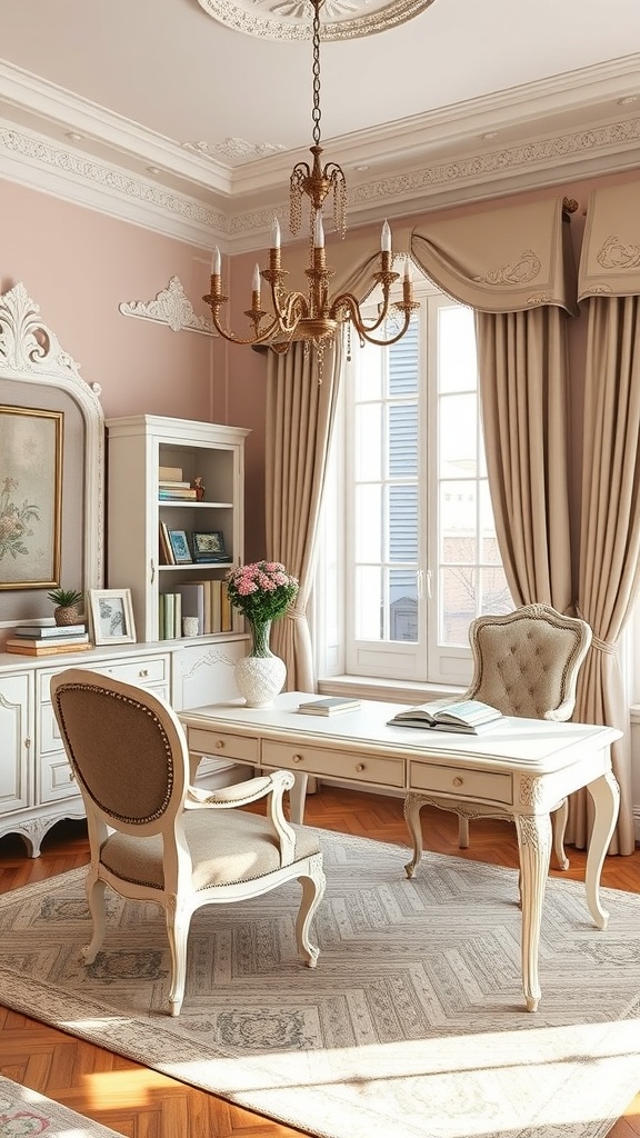An elegant French country home office featuring intricate ceiling designs, plush furniture, and natural light.
