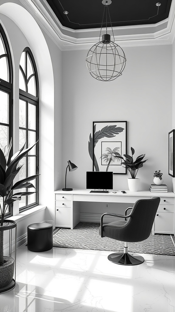 A monochrome home office featuring a black and white color scheme with large windows, stylish furniture, and plants.