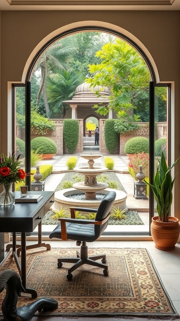 A view of a Mughal garden from a home office, featuring large windows, lush greenery, and water features.