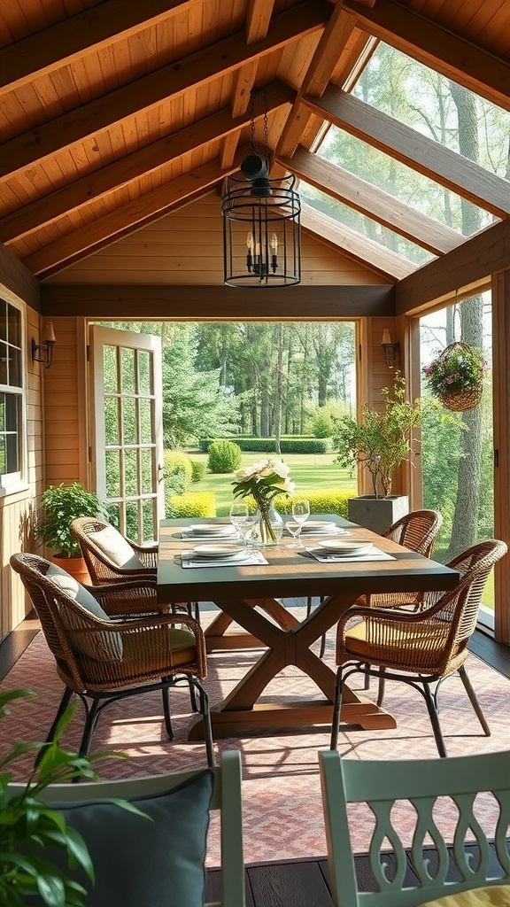 A cozy outdoor dining area with a wooden table and rattan chairs, surrounded by large windows and greenery.