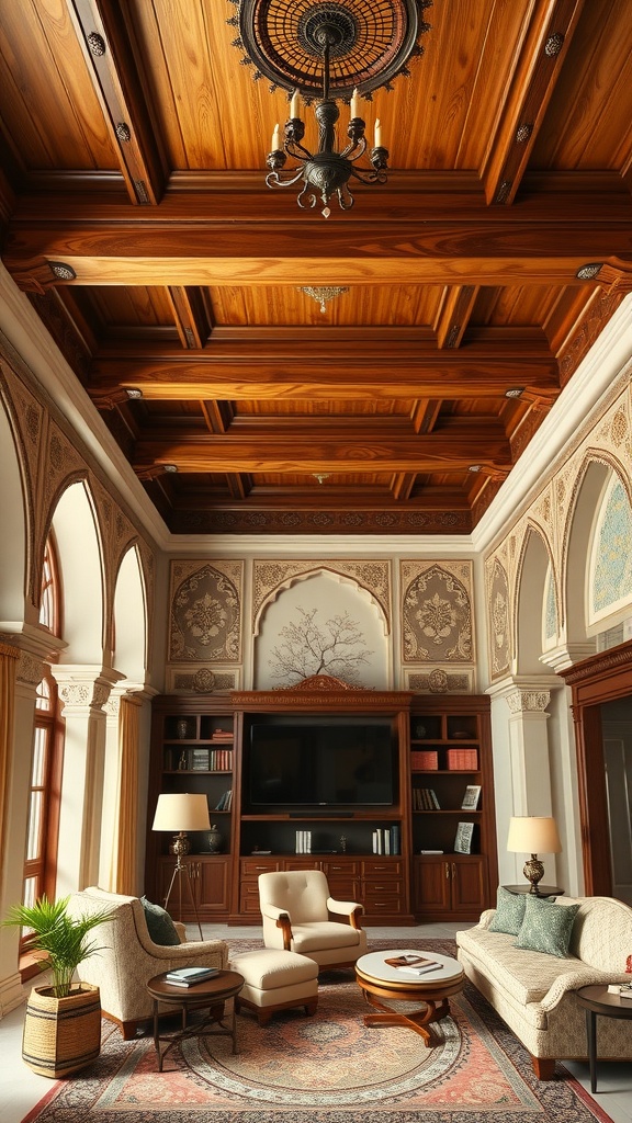 A beautifully designed home office featuring elegant wooden beams on the ceiling, showcasing Mughal architecture elements.