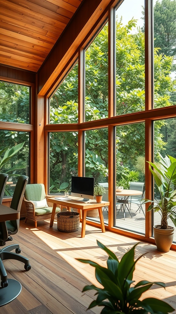 A bright home office with large energy-efficient windows, showcasing a connection to nature.