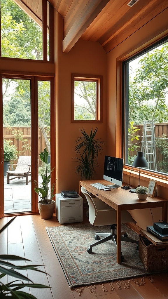 A bright home office with large windows, wooden accents, and a modern desk setup.