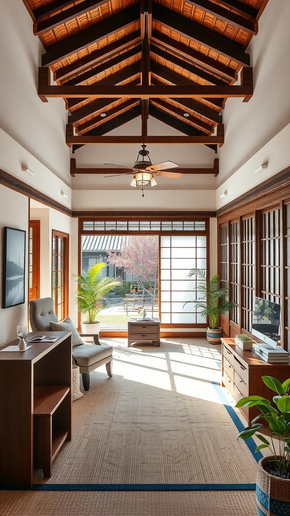 A bright and inviting engawa space in a traditional Japanese house, featuring wooden beams, large windows, and a view of a garden.