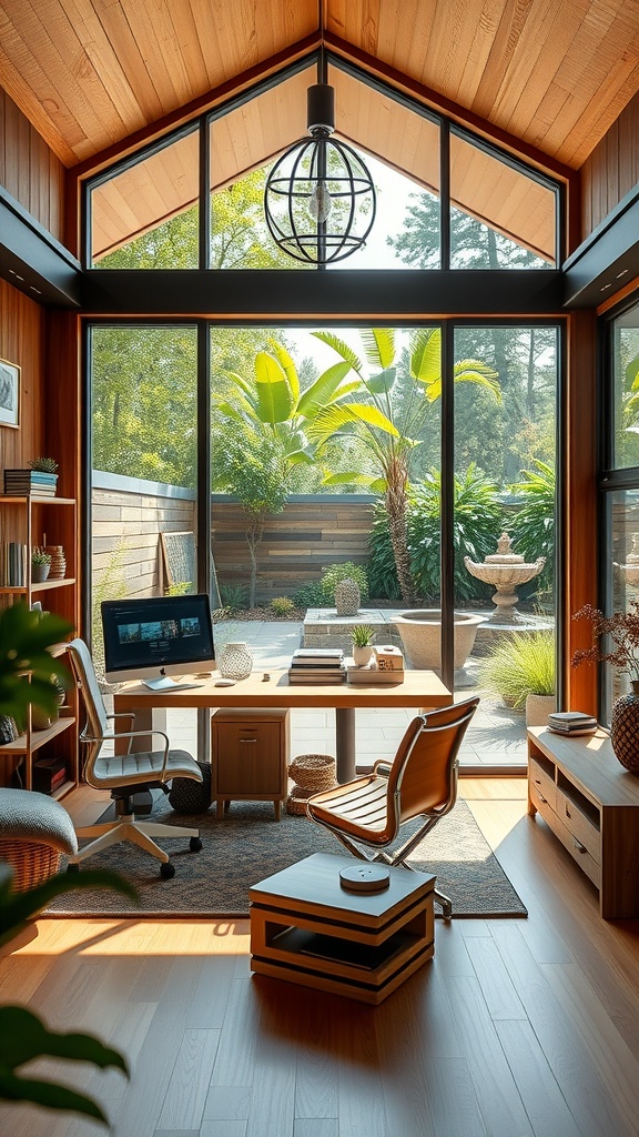 A bright and inviting home office featuring ergonomic furniture and large windows overlooking a garden.