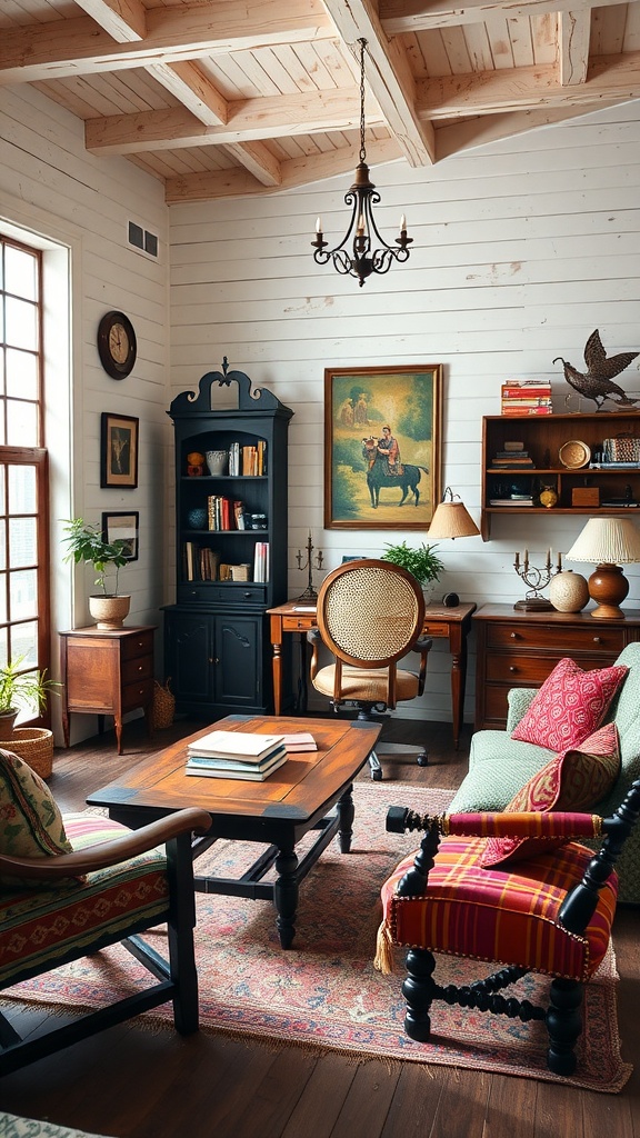 A cozy farmhouse-style home office featuring wooden beams, rustic furniture, and warm colors.