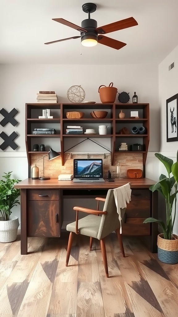 Home office with farmhouse industrial decor featuring wooden beams, a desk, and natural light.