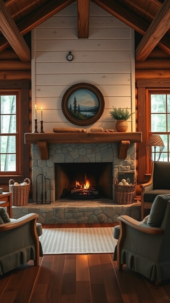 Cozy farmhouse style fireplace in a rustic cabin home office with stone facade and wooden beams.