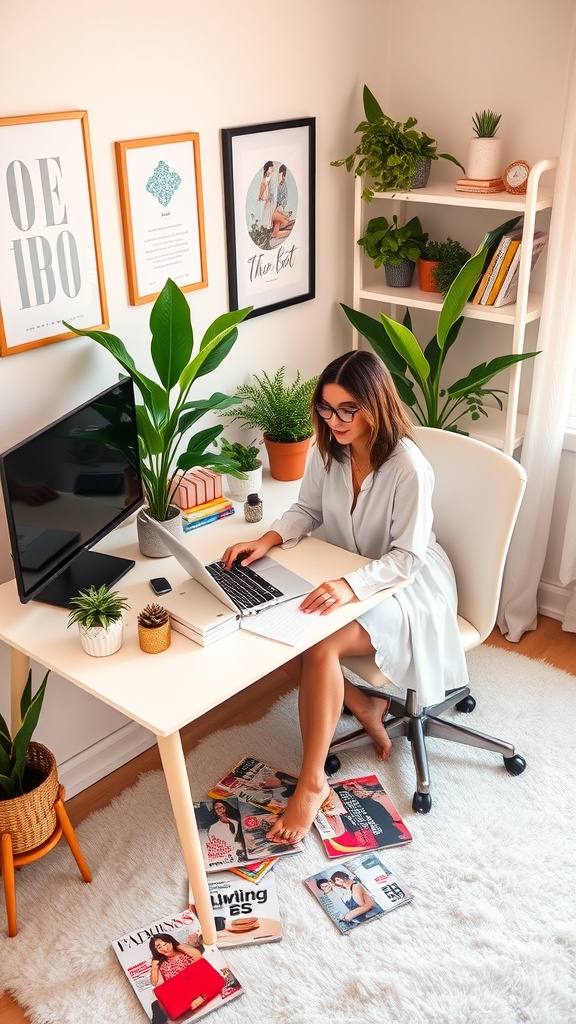 A stylish home office with a woman working on a laptop, surrounded by plants and fashion magazines.
