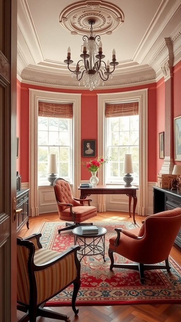 A Federal style home office featuring elegant furnishings, intricate ceiling design, and warm color palette.