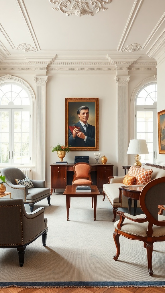 A refined home office with Federal style elements, featuring elegant furniture and intricate ceiling details.