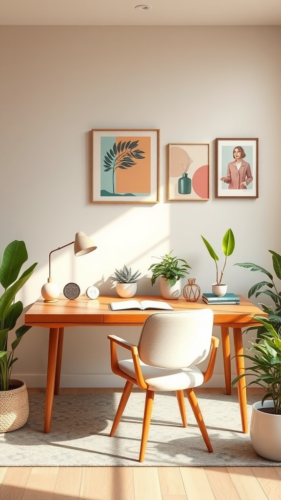 A feminine mid-century home office featuring a wooden desk, plants, and stylish artwork.