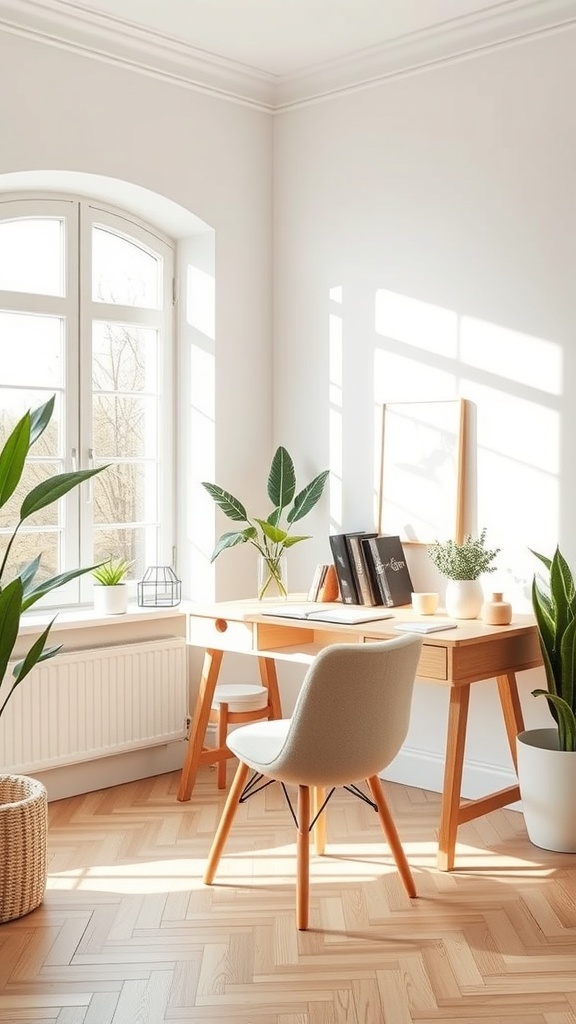 A bright and minimalistic feminine Scandinavian office with a wooden desk, soft chair, and plants.