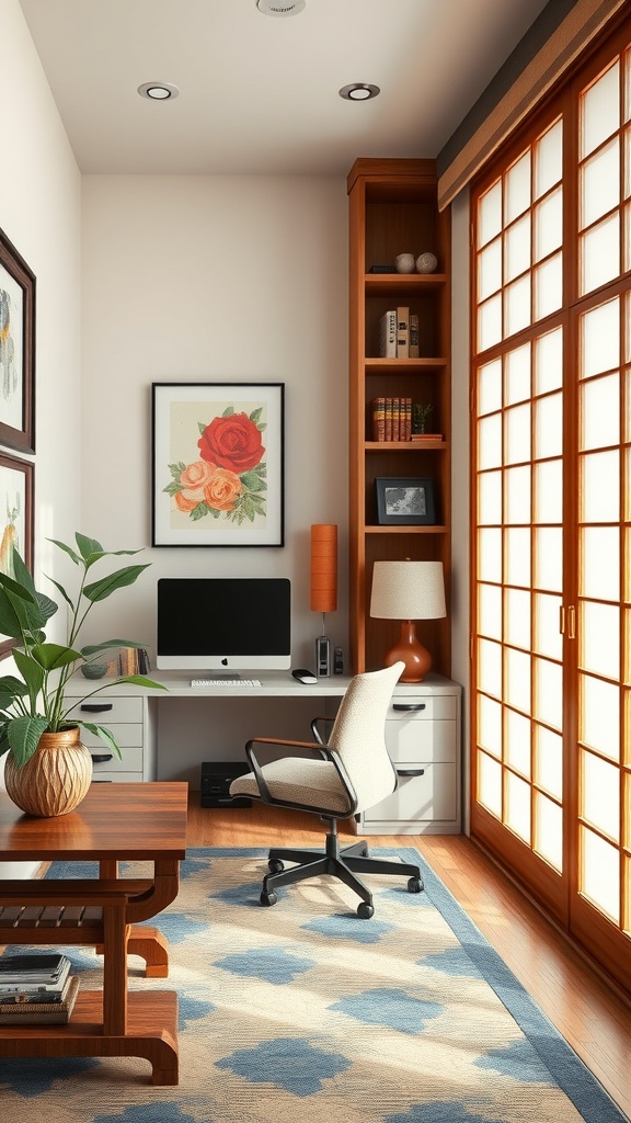 A serene home office featuring Japanese-style sliding doors, wooden furniture, and a potted plant, embodying Feng Shui principles.