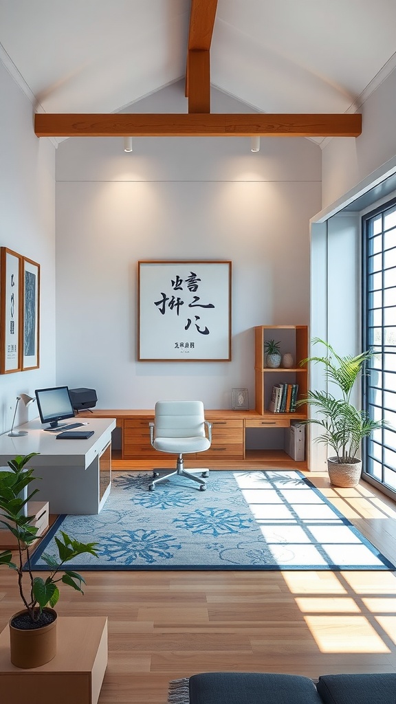 A modern home office with wooden beams, a desk, and plants, showcasing Feng Shui principles.