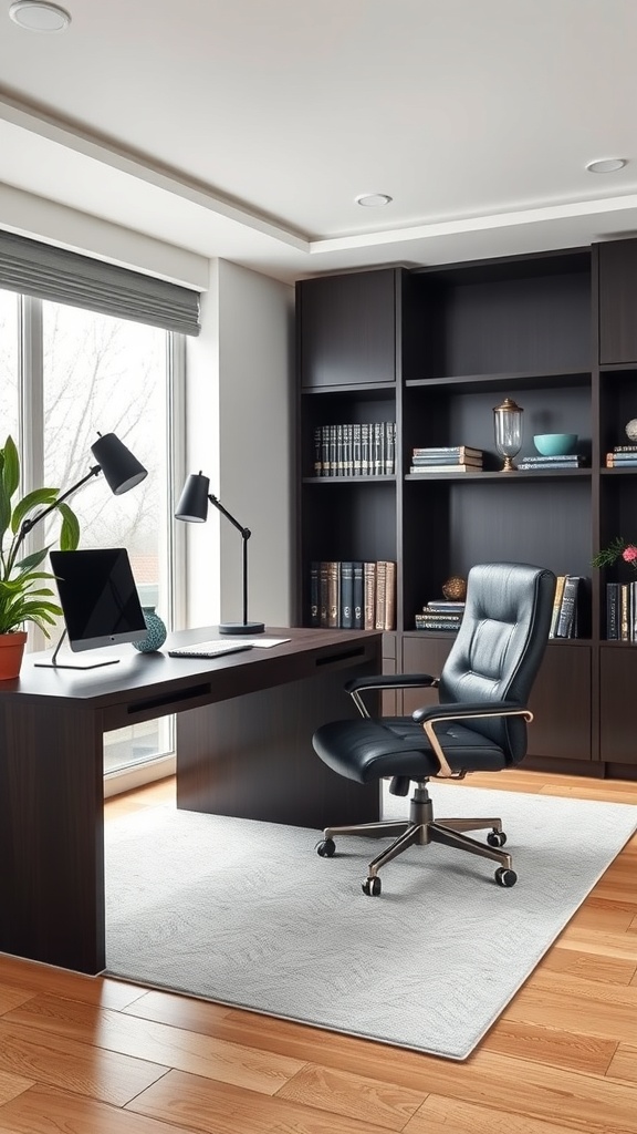 A modern masculine home office featuring a dark wood desk, black office chair, and bookshelves filled with books.