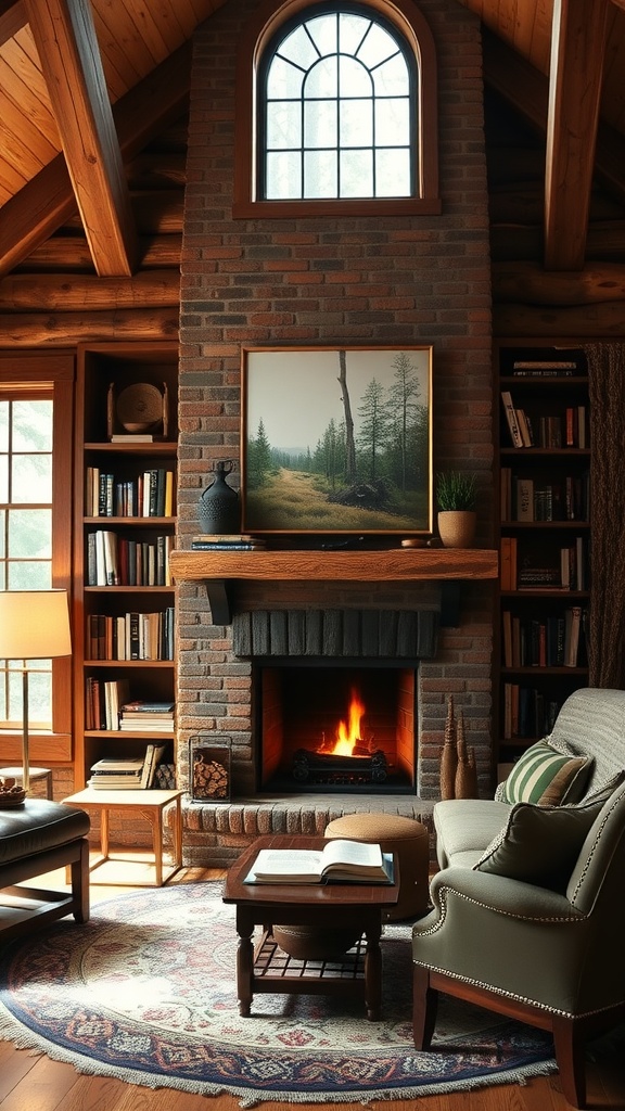Cozy rustic cabin home office featuring a brick fireplace with a built-in bookshelf, wooden beams, and a comfortable seating area.