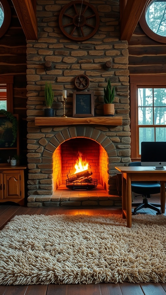 A rustic cabin home office featuring a stone fireplace, a warm fire, and a cozy rug in front of a wooden desk.