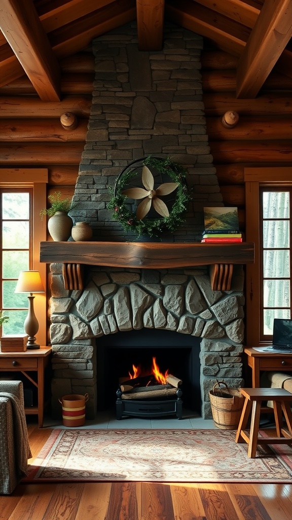 A rustic cabin fireplace with a custom wood mantel and stone chimney, featuring a cozy fire and decorative wreath.