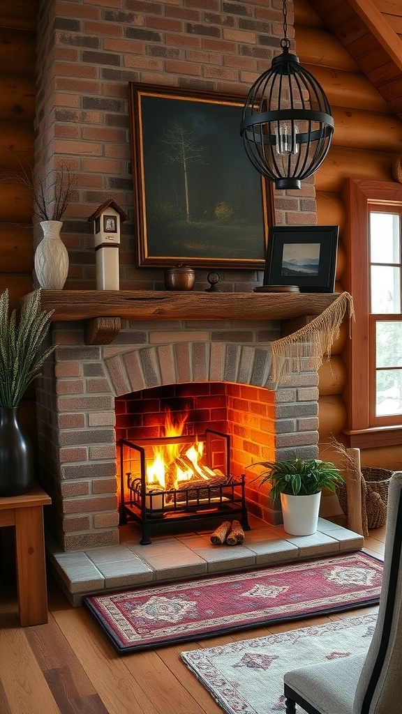 Cozy brick fireplace with a decorative log holder in a rustic cabin home office