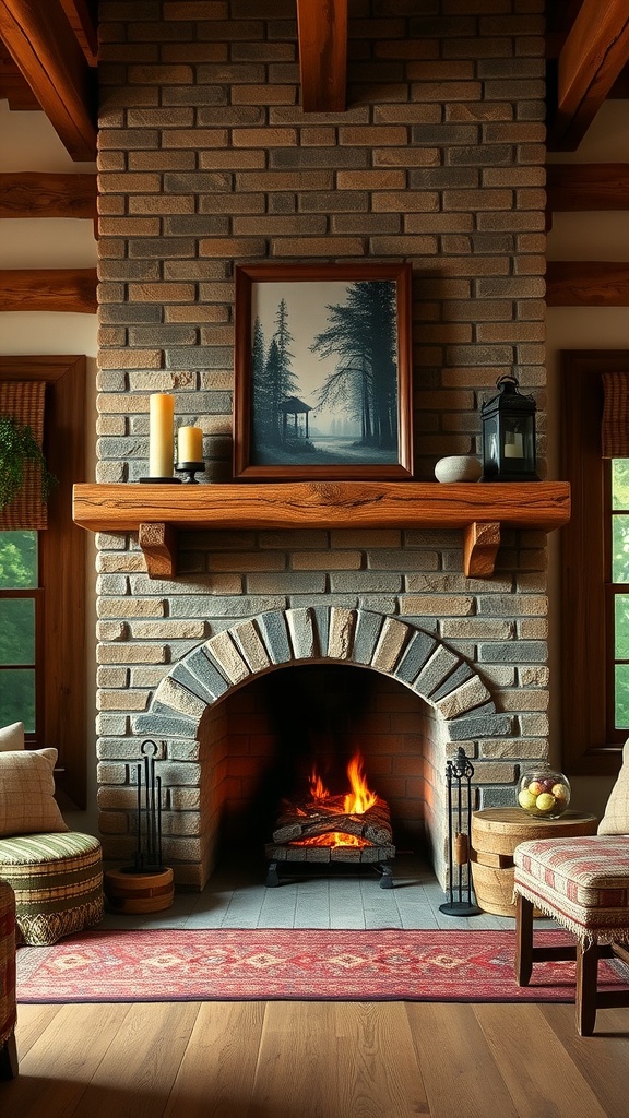 Cozy fireplace with a handcrafted wooden mantel in a rustic cabin home office, featuring brickwork and candles.