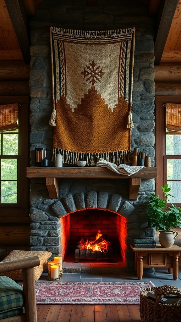 A rustic fireplace with a handwoven tapestry, surrounded by wooden elements and a warm glow from the fire.