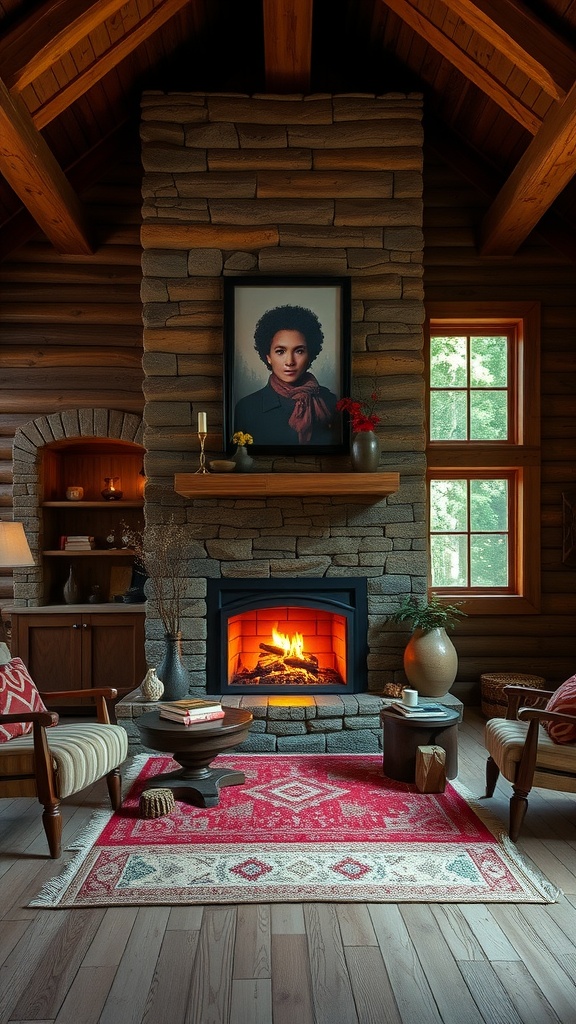 A modern fireplace in a rustic cabin home office, featuring a stone wall and wooden beams.