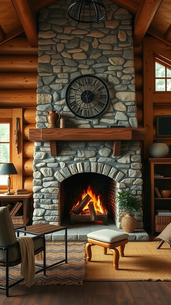 A rustic cabin fireplace with a natural stone finish, featuring a wooden mantel and a cozy fire.