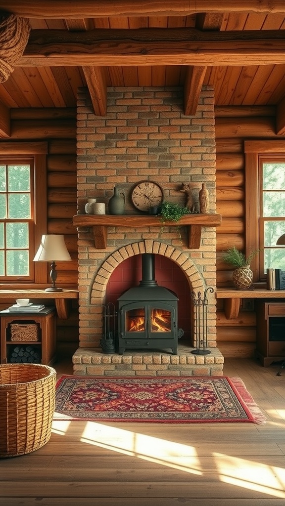 A rustic cabin home office featuring a brick fireplace, wooden beams, and a cozy bench.