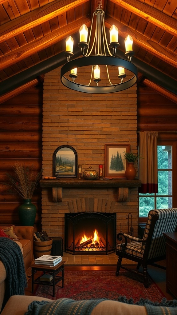 A cozy rustic cabin home office featuring a brick fireplace and a rustic chandelier.