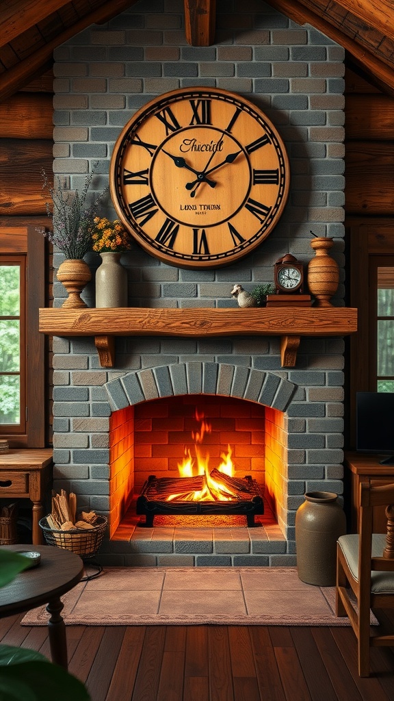 A cozy fireplace in a rustic cabin home office with a large wooden clock above it.