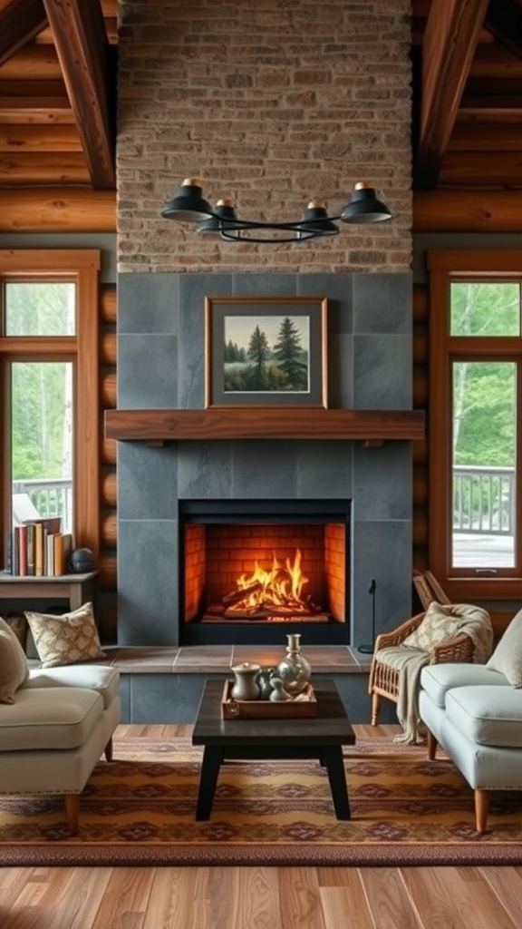 Cozy rustic cabin home office with a slate surround fireplace, wooden beams, and comfortable seating.