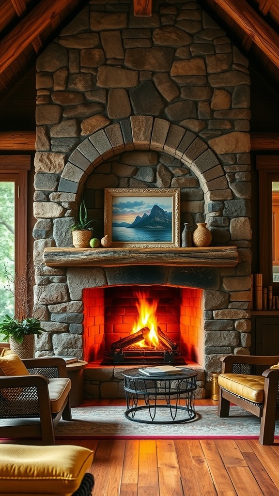A cozy rustic cabin home office featuring a stone arch fireplace with a wooden mantel, surrounded by comfortable seating.