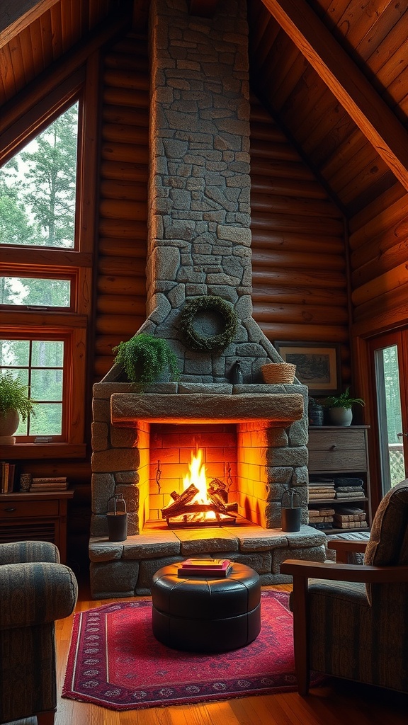Cozy fireplace with a stone chimney in a rustic cabin home office