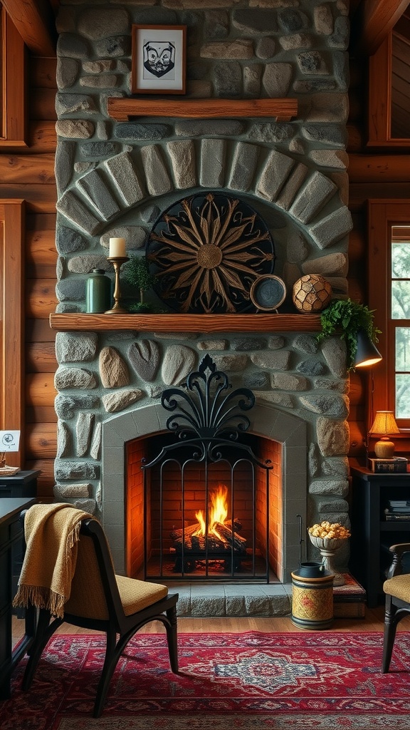 Cozy rustic cabin fireplace with unique fire screen and decorative mantel