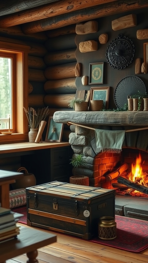 A cozy rustic cabin interior featuring a stone fireplace with a warm fire, a vintage trunk in front, and wooden logs in the background.
