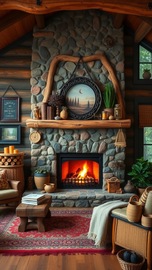 Cozy rustic cabin fireplace with stonework and wooden mantel, featuring warm colors and decorative items.