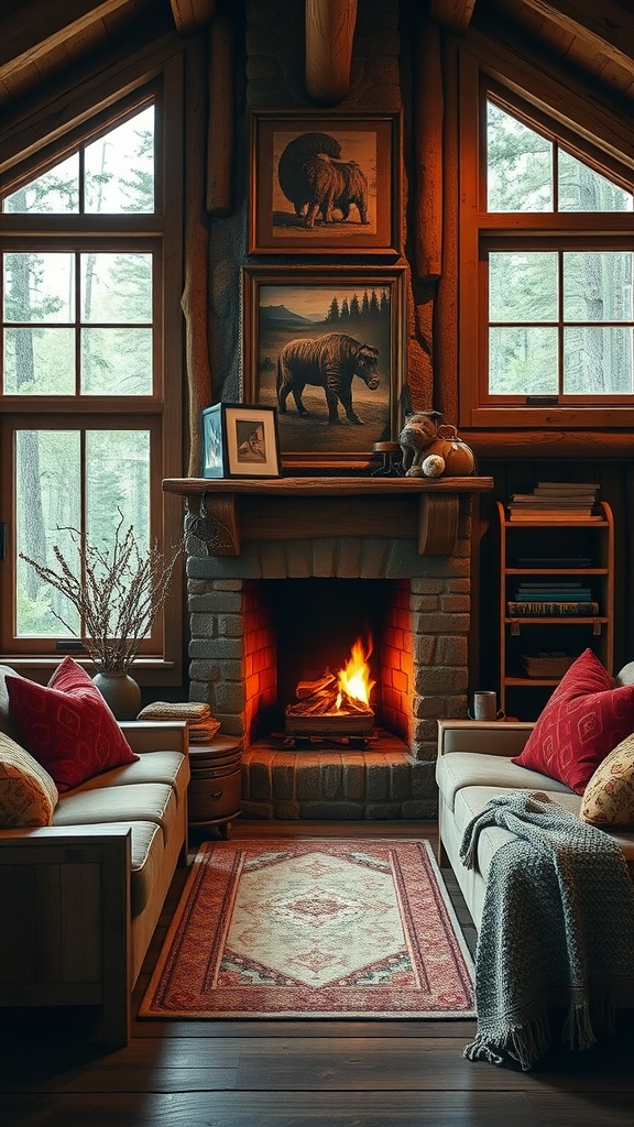 Cozy seating area with a stone fireplace in a rustic cabin, featuring plush sofas and warm decor.