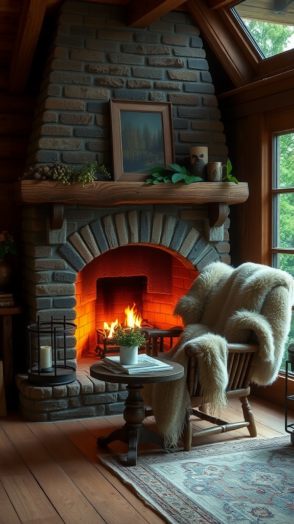 Cozy rustic cabin home office with a brick fireplace and faux fur throws